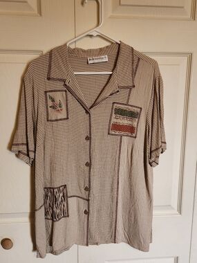 Dressbarn Women's Short-Sleeve Patchwork Beige Shirt